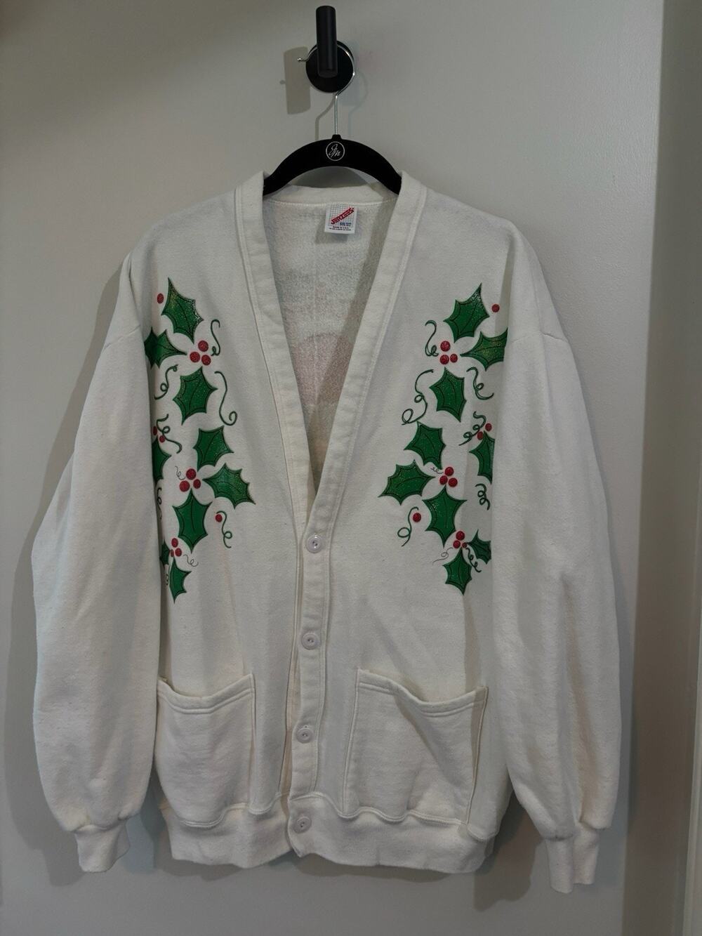 Vintage Jerzees Christmas Cardigan White One Size Womens Vicki Melhart 1991